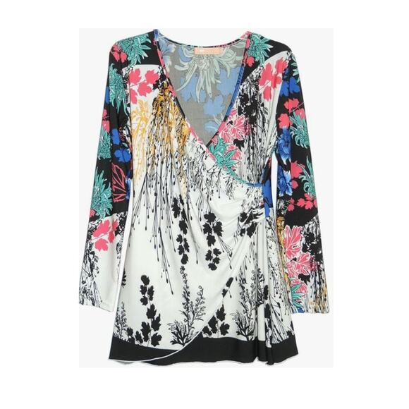La Cera Floral Wrap Tunic Top Long Sleeve Multicolor 3X Botanical Print Slinky - Picture 10 of 10